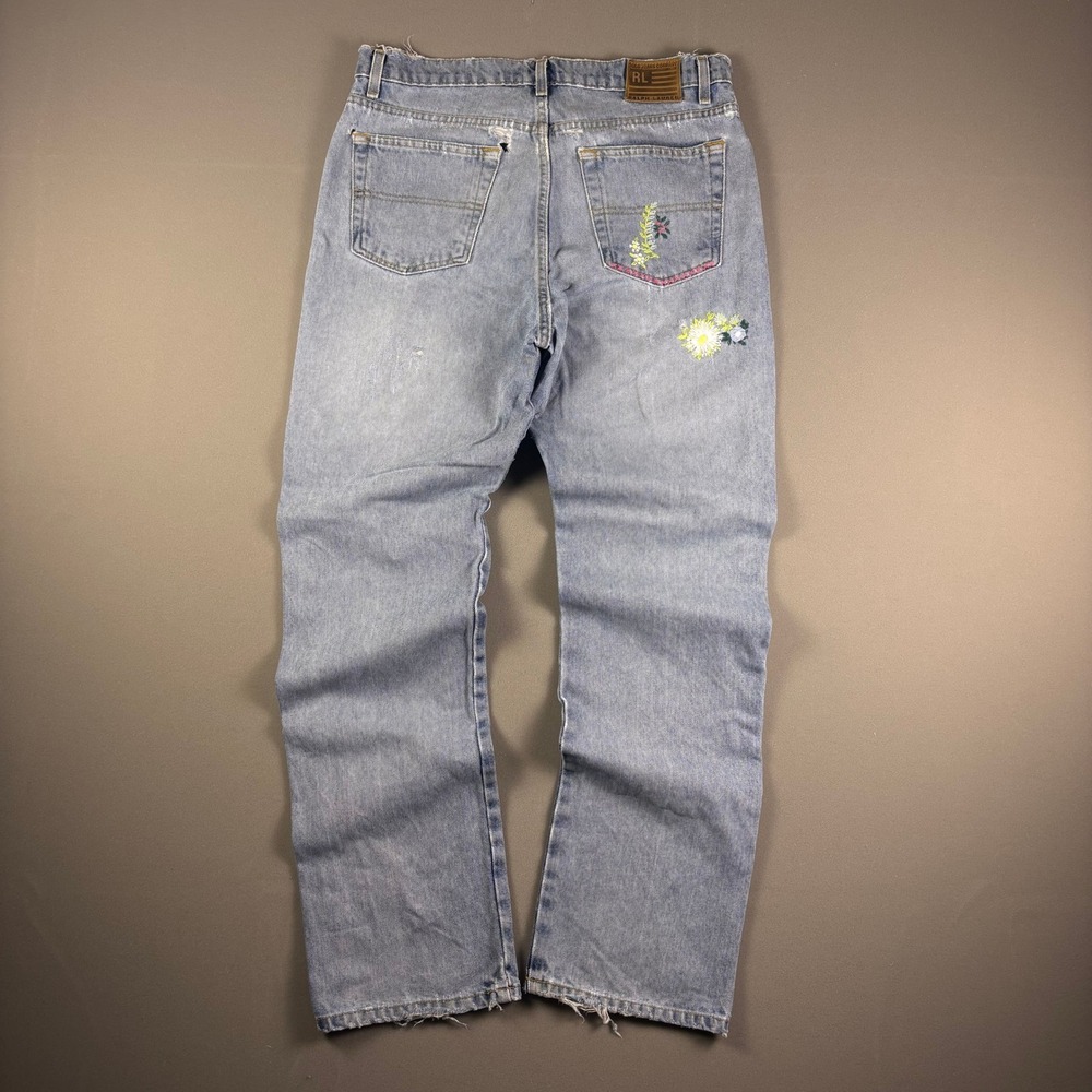 Vintage Polo Jeans Co Ralph Lauren Floral Embroidered Distressed Denim Jeans 14